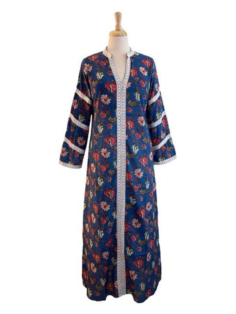 Madison Mathews Kaftan Maxi Dress XL Lightweight Cotton Floral Print Blue
